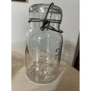 Vintage Atlas E Z Seal Quart Clear Mason Jar - Wire Bail Glass Lid